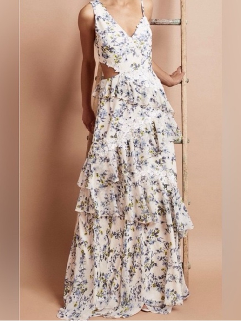 BCBGMaxAzria Cream and Blue One-Shoulder Floral Ruffle Maxi Dress